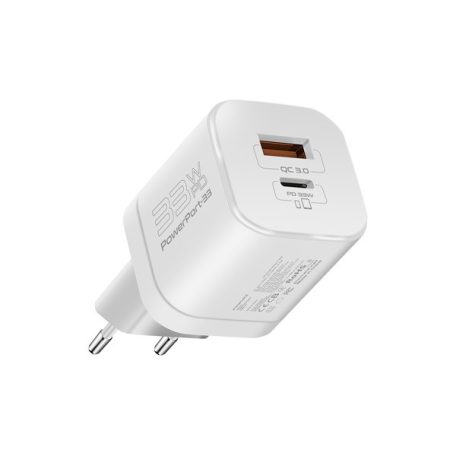 Promate Telefon töltő adapter - POWERPORT 33 (1xUSB-A, 1xUSB-C, 30W PD, QC3.0, fehér)