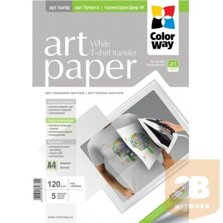 COLORWAY Fotópapír, pólóra vasalható (ART T-shirt transfer, white), 120 g/m2, A4, 5 lap