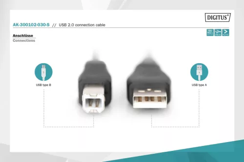 DIGITUS AK-300102-030-S High Speed 2.0 USB type-B - USB type A CCA árnyékolatlan fekete kábel 3m