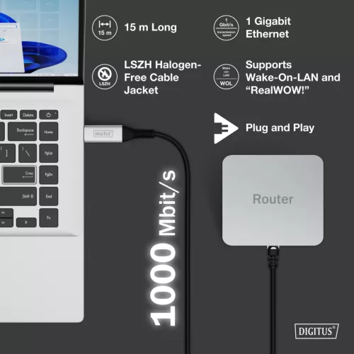 DIGITUS AK-300600-150-S Cat.6A 1GbE RJ45 S/FTP LSZH USB-A 3.2 Gen1 Ethernet kábel 15m