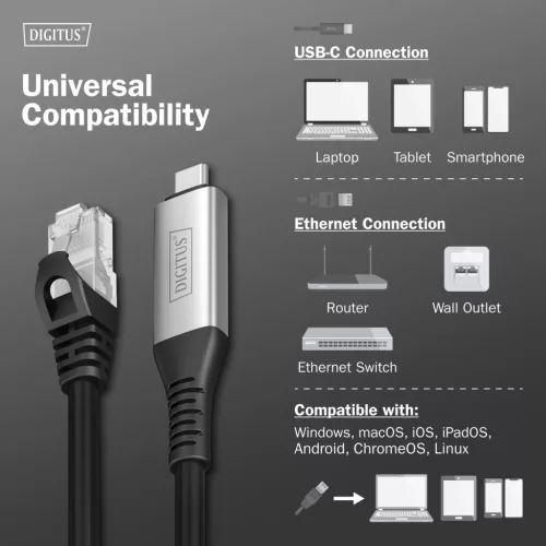 DIGITUS AK-300601-100-S Cat.6A 1GbE RJ45 S/FTP LSZH USB 3.2 Gen1 type-C Ethernet kábel 10m