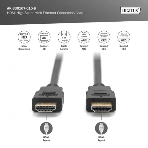 DIGITUS AK-330107-010-S High Speed UHD 4K 3D 30Hz 2.0 aranyozott Ethernet HDMI kábel 1m