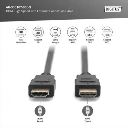 DIGITUS AK-330107-050-S High Speed UHD 4K 3D 30Hz 2.0 aranyozott Ethernet HDMI kábel 5m