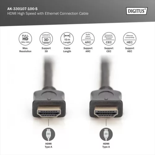 DIGITUS AK-330107-100-S High Speed Full HD 3D 60Hz aranyozott HDMI kábel 10m