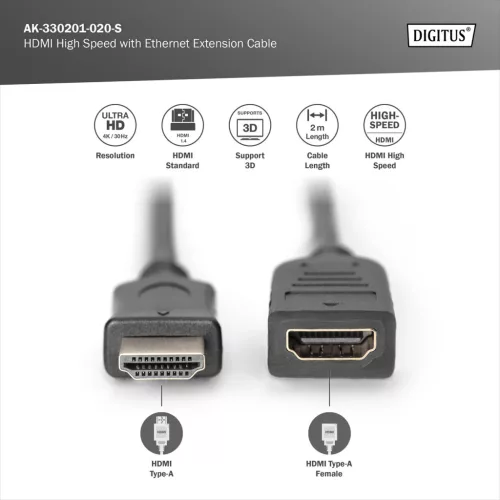 DIGITUS AK-330201-020-S High Speed UHD 4K 30Hz 1.4 HDMI Ethernet hosszabbító kábel 2m