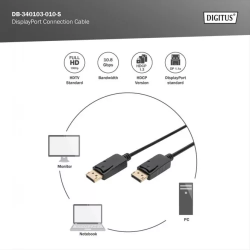 DIGITUS AK-340103-010-S Full HD 3D 60Hz 1.1a DisplayPort kábel 1m