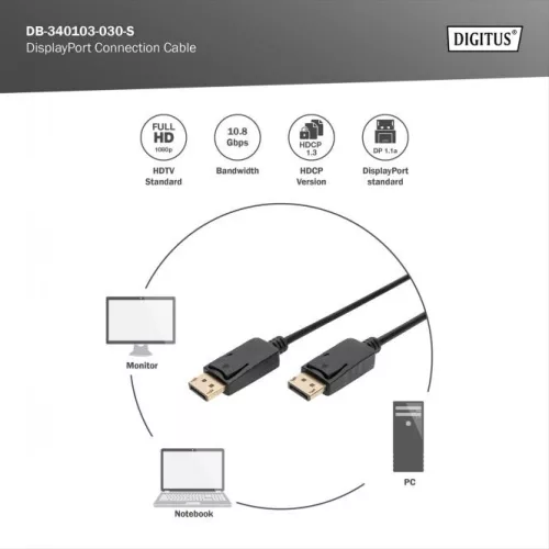DIGITUS AK-340103-030-S Full HD 3D 60Hz 1.1a DisplayPort kábel 3m