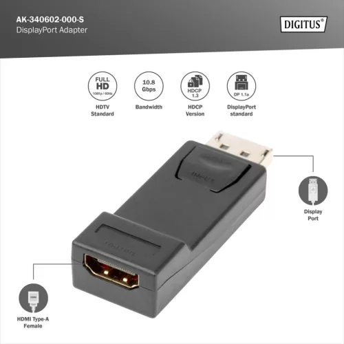 DIGITUS AK-340602-000-S Full HD 60Hz Dual-Mode 1.1a DisplayPort - HDMI type A adapter