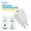 DIGITUS DA-10301 1xUSB-C 1x USB-A GaN II 30W fehér gyorstöltő adapter