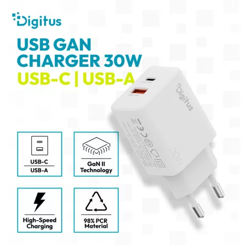 DIGITUS DA-10301 1xUSB-C 1x USB-A GaN II 30W fehér gyorstöltő adapter