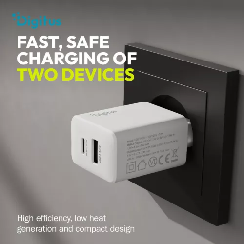 DIGITUS DA-10301 1xUSB-C 1x USB-A GaN II 30W fehér gyorstöltő adapter