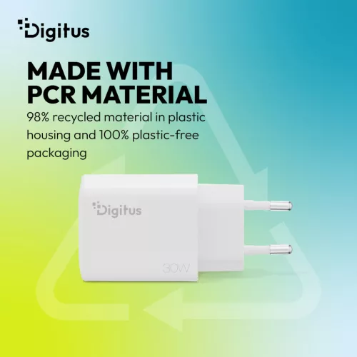 DIGITUS DA-10301 1xUSB-C 1x USB-A GaN II 30W fehér gyorstöltő adapter
