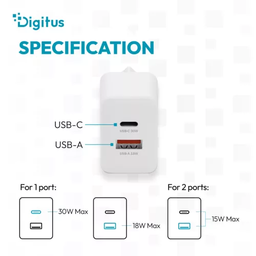 DIGITUS DA-10301 1xUSB-C 1x USB-A GaN II 30W fehér gyorstöltő adapter
