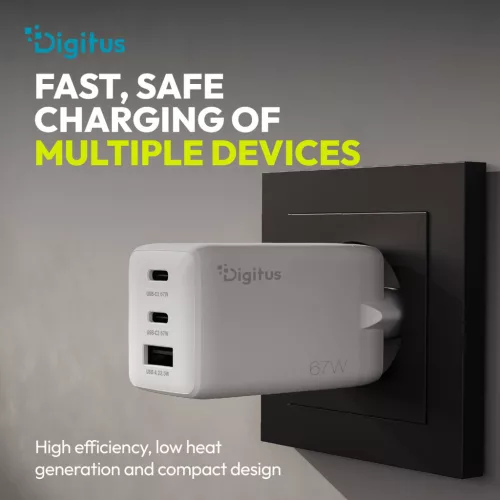 DIGITUS DA-10303 2xUSB-C 1x USB-A GaN II 67W fehér gyorstöltő adapter