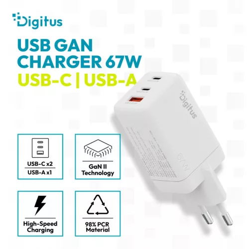 DIGITUS DA-10303 2xUSB-C 1x USB-A GaN II 67W fehér gyorstöltő adapter