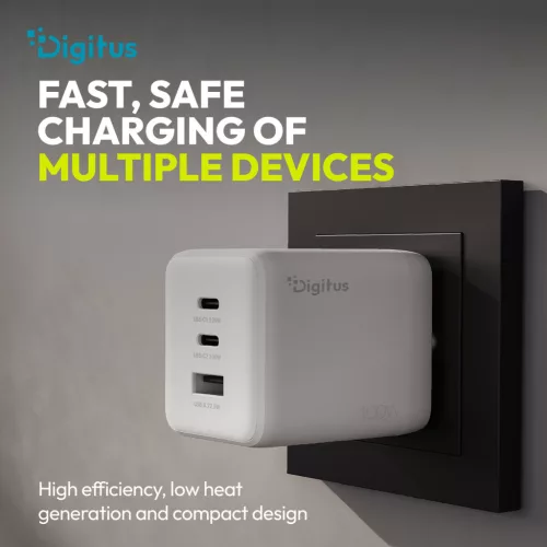 DIGITUS DA-10301 2xUSB-C 1x USB-A GaN II 100W fehér gyorstöltő adapter
