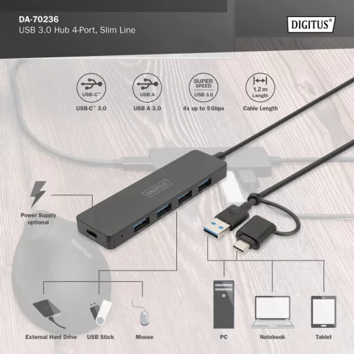 DIGITUS DA-70236 Superspeed 4 portos slim USB 3.0 HUB