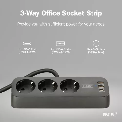 DIGITUS DA-70625 3 aljzatos 2x USB-A 1x USB-C fekete 1,5m asztali elosztó