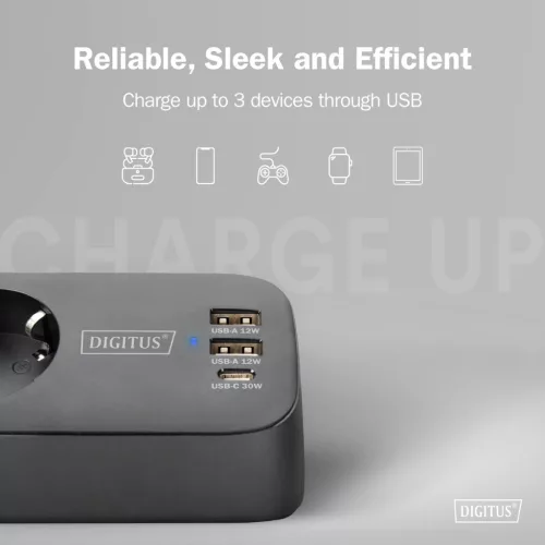 DIGITUS DA-70625 3 aljzatos 2x USB-A 1x USB-C fekete 1,5m asztali elosztó