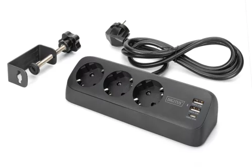 DIGITUS DA-70625 3 aljzatos 2x USB-A 1x USB-C fekete 1,5m asztali elosztó