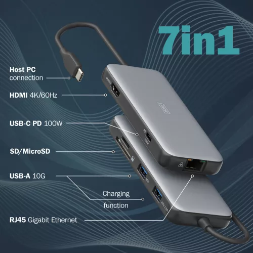 DIGITUS DA-70914 7 portos USB-C 1x HDMI 3x USB 3.2 Gen2 1x RJ45 LAN 1x SD 1x MicroSD 1x PD dokkolóállomás