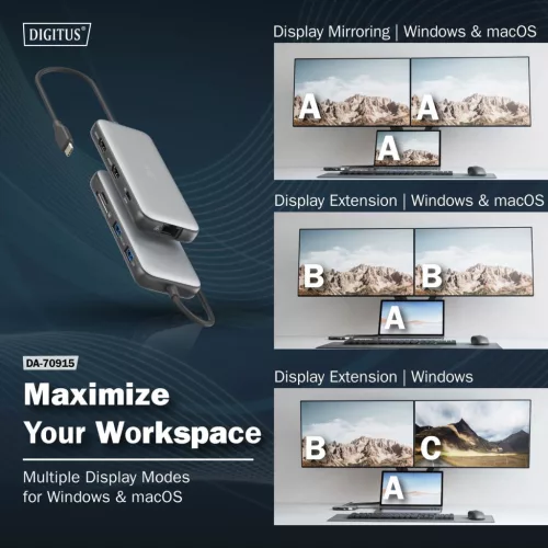 DIGITUS DA-70915 8 portos USB-C 2x HDMI 3x USB 3.0 1x RJ45 LAN 1x SD 1x MicroSD 1x USB-CPD dokkolóállomás