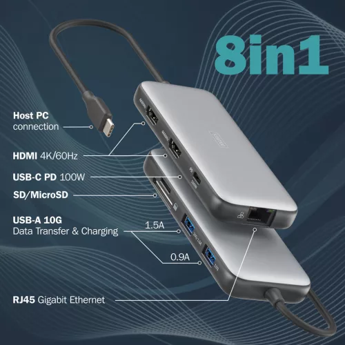 DIGITUS DA-70915 8 portos USB-C 2x HDMI 3x USB 3.0 1x RJ45 LAN 1x SD 1x MicroSD 1x USB-CPD dokkolóállomás