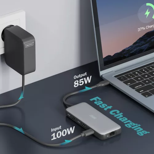 DIGITUS DA-70915 8 portos USB-C 2x HDMI 3x USB 3.0 1x RJ45 LAN 1x SD 1x MicroSD 1x USB-CPD dokkolóállomás