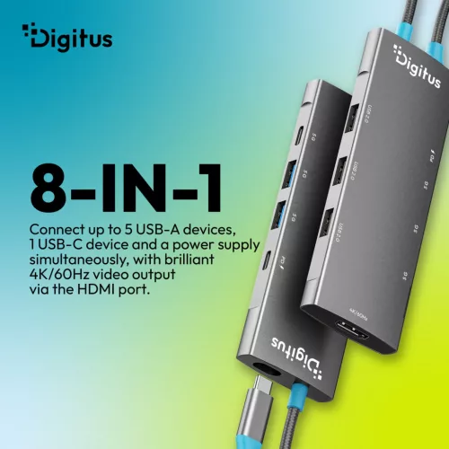 DIGITUS DA-70920 8 portos 1x USB-C 3x USB-A Gen 3.2 5Gbit/s 3x USB-A 2.0 1x USB-C Power Delivery 1x HDMI 2.0 UHD 4K 60Hz 1xGbE RJ45 LAN port alumínium szürke dokkolóállomás