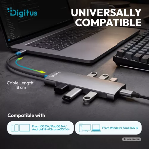 DIGITUS DA-70920 8 portos 1x USB-C 3x USB-A Gen 3.2 5Gbit/s 3x USB-A 2.0 1x USB-C Power Delivery 1x HDMI 2.0 UHD 4K 60Hz 1xGbE RJ45 LAN port alumínium szürke dokkolóállomás