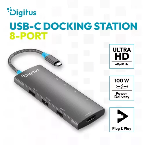 DIGITUS DA-70920 8 portos 1x USB-C 3x USB-A Gen 3.2 5Gbit/s 3x USB-A 2.0 1x USB-C Power Delivery 1x HDMI 2.0 UHD 4K 60Hz 1xGbE RJ45 LAN port alumínium szürke dokkolóállomás