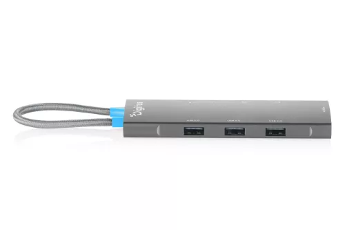 DIGITUS DA-70920 8 portos 1x USB-C 3x USB-A Gen 3.2 5Gbit/s 3x USB-A 2.0 1x USB-C Power Delivery 1x HDMI 2.0 UHD 4K 60Hz 1xGbE RJ45 LAN port alumínium szürke dokkolóállomás