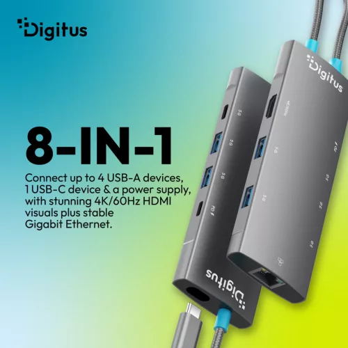 DIGITUS DA-70921 8 portos 4x USB-A 1x USB-C Gen 3.2 5Gbit/s 1x USB-C Power Delivery 1xGbE RJ45 LAN port 1x HDMI alumínium szürke dokkolóállomás