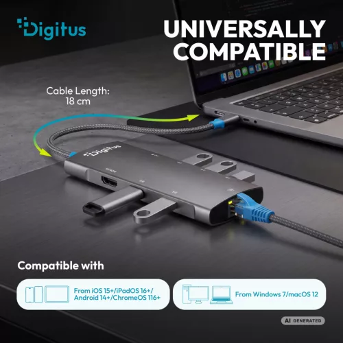 DIGITUS DA-70921 8 portos 4x USB-A 1x USB-C Gen 3.2 5Gbit/s 1x USB-C Power Delivery 1xGbE RJ45 LAN port 1x HDMI alumínium szürke dokkolóállomás