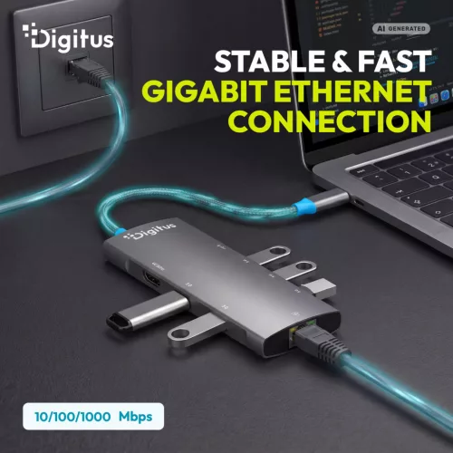 DIGITUS DA-70921 8 portos 4x USB-A 1x USB-C Gen 3.2 5Gbit/s 1x USB-C Power Delivery 1xGbE RJ45 LAN port 1x HDMI alumínium szürke dokkolóállomás