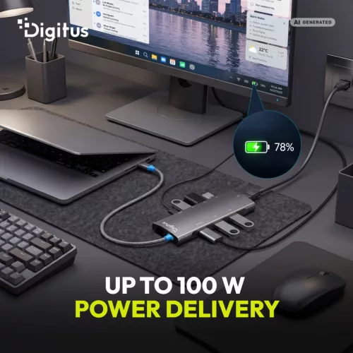 DIGITUS DA-70921 8 portos 4x USB-A 1x USB-C Gen 3.2 5Gbit/s 1x USB-C Power Delivery 1xGbE RJ45 LAN port 1x HDMI alumínium szürke dokkolóállomás