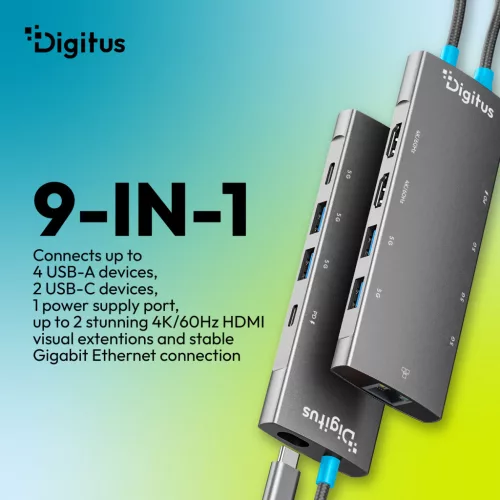 DIGITUS DA-70922 9 portos 4x USB-A 1x USB-C Gen 3.2 5Gbit/s 1x USB-C Power Delivery 2x HDMI 2.0 UHD 4K 60Hz 1xGbE RJ45 LAN port alumínium szürke dokkolóállomás