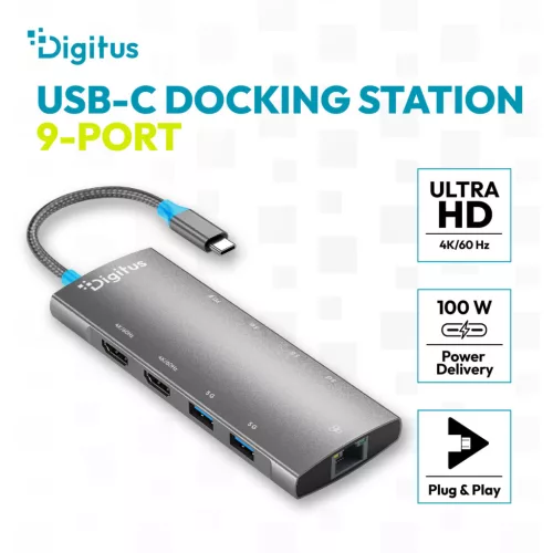 DIGITUS DA-70922 9 portos 4x USB-A 1x USB-C Gen 3.2 5Gbit/s 1x USB-C Power Delivery 2x HDMI 2.0 UHD 4K 60Hz 1xGbE RJ45 LAN port alumínium szürke dokkolóállomás