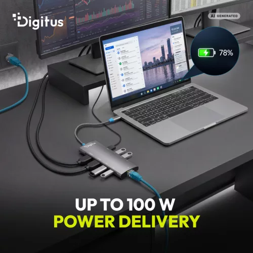 DIGITUS DA-70922 9 portos 4x USB-A 1x USB-C Gen 3.2 5Gbit/s 1x USB-C Power Delivery 2x HDMI 2.0 UHD 4K 60Hz 1xGbE RJ45 LAN port alumínium szürke dokkolóállomás