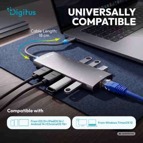 DIGITUS DA-70922 9 portos 4x USB-A 1x USB-C Gen 3.2 5Gbit/s 1x USB-C Power Delivery 2x HDMI 2.0 UHD 4K 60Hz 1xGbE RJ45 LAN port alumínium szürke dokkolóállomás