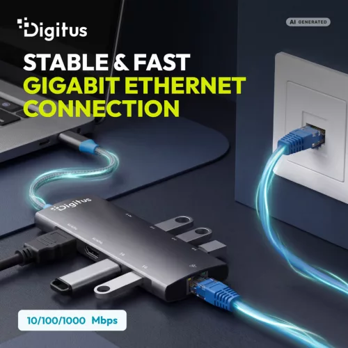 DIGITUS DA-70922 9 portos 4x USB-A 1x USB-C Gen 3.2 5Gbit/s 1x USB-C Power Delivery 2x HDMI 2.0 UHD 4K 60Hz 1xGbE RJ45 LAN port alumínium szürke dokkolóállomás