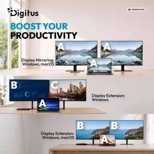 DIGITUS DA-70922 9 portos 4x USB-A 1x USB-C Gen 3.2 5Gbit/s 1x USB-C Power Delivery 2x HDMI 2.0 UHD 4K 60Hz 1xGbE RJ45 LAN port alumínium szürke dokkolóállomás