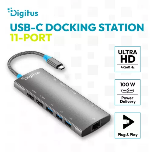 DIGITUS DA-70923 11 portos 3x USB-A 2x USB-C Gen 3.2 5Gbit/s 2x USB-A 2.0 1x USB-C Power Delivery 2x HDMI 1xGbE RJ45 LAN port alumínium szürke dokkolóállomás