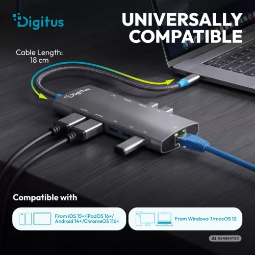 DIGITUS DA-70923 11 portos 3x USB-A 2x USB-C Gen 3.2 5Gbit/s 2x USB-A 2.0 1x USB-C Power Delivery 2x HDMI 1xGbE RJ45 LAN port alumínium szürke dokkolóállomás