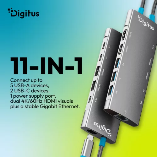 DIGITUS DA-70923 11 portos 3x USB-A 2x USB-C Gen 3.2 5Gbit/s 2x USB-A 2.0 1x USB-C Power Delivery 2x HDMI 1xGbE RJ45 LAN port alumínium szürke dokkolóállomás
