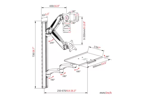 DIGITUS DA-90451 Univerzális falra szerelhető fehér/fekete munkaállomás