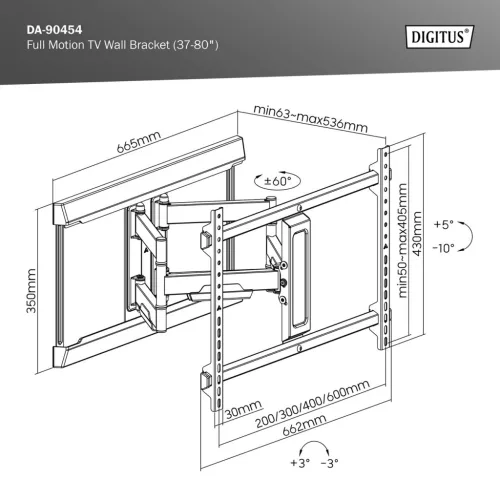 DIGITUS DA-90454 37-80"" VESA max 60kg kihúzható fali TV konzol