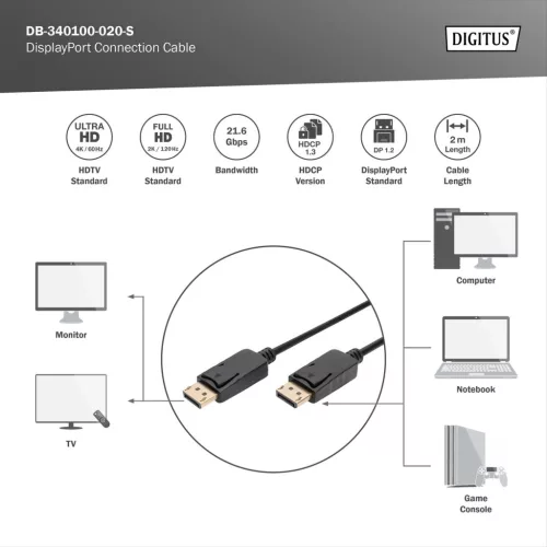 DIGITUS DB-340100-020-S Display port apa -> display port apa 2m kábel