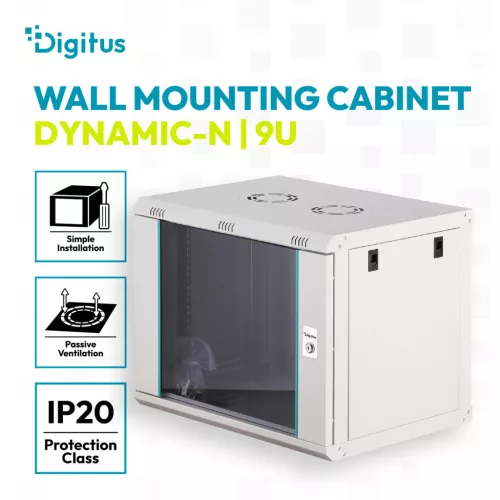 DIGITUS Dynamic-N DN-37104 19" 9U 474x600x450mm lapraszerelt üvegajtós szürke fali rack szekrény