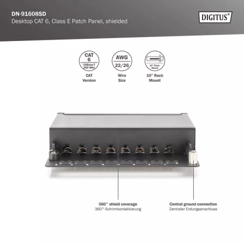 DIGITUS DN-91608SD Cat.6 8port asztali fekete árnyékolt patch panel